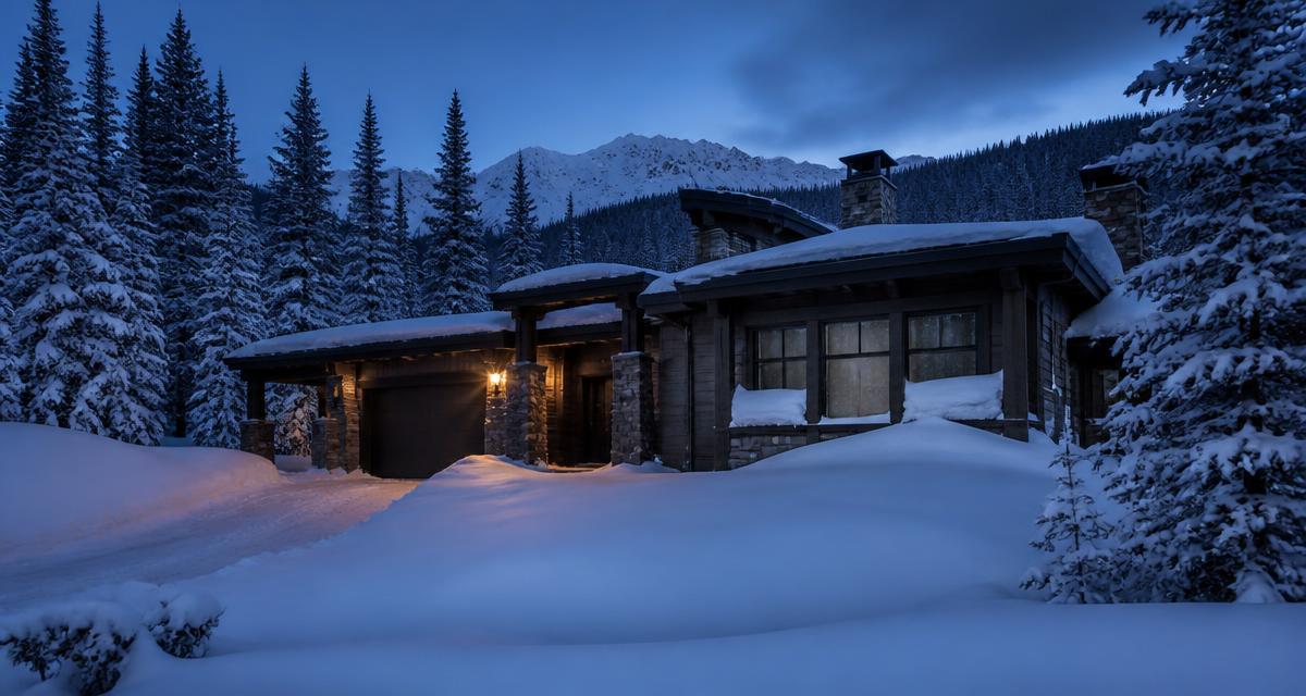 Snow-covered unoccupied luxury mountain home in the Colorado Rockies at dusk with a single porch light on