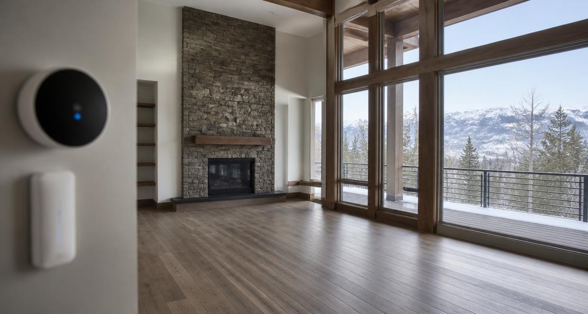 Empty modern Colorado mountain home interior with a smart sensor and camera on the wall and snowy peaks through the windows